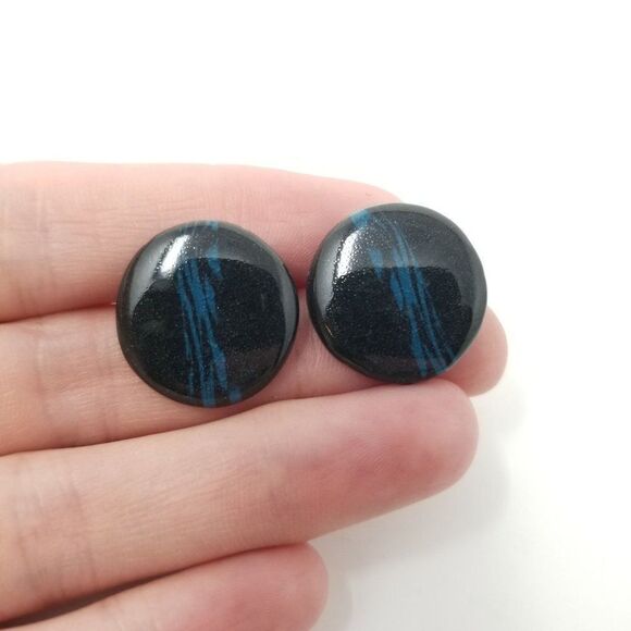 Vintage Retro Black and Blue Round Stud Earrings, 80s Style, Subtle - Picture 1 of 5